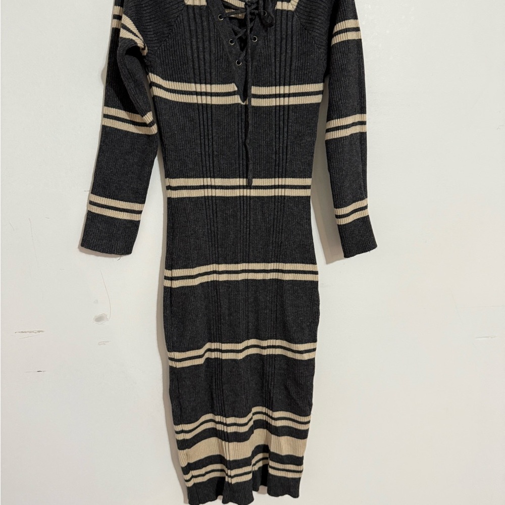 Pink Rose Black and Cream Striped Long Sleeve Dress